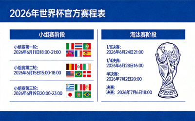 2026年世界杯官方赛程表全景图，包含所有小组赛、淘汰赛阶段的具体日期与开球时间